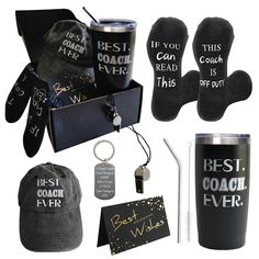 the best coach ever gift set includes two hats, gloves, and other personal items