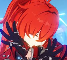 an anime character with red hair and black gloves