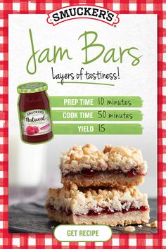 an advertisement for jam bars on a red and white checkered tablecloth with text