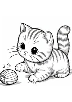 a drawing of a kitten playing with a ball