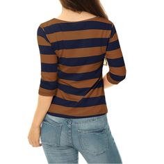 Stripes are a timeless addition to any wardrobe, and they always seem to be in style. Whether you're dressing up for work or going out for a night on the town, this bold striped T-shirt is a versatile piece that you can wear for any occasion. Made from soft, comfortable material, this straightforward tee is effortless to wear. Simply pair it with any bottoms to create casual outfits that look great and feel even better. With this stylish and comfortable T-shirt in your closet, you'll always have Retro Brown Stretch Top, Brown Retro Stretch Top, Retro Striped Tops For Work, Rugby Fashion, Striped Shirts, Boat Neck Tops, Elbow Sleeve, Chic Woman, Halloween Costumes Women