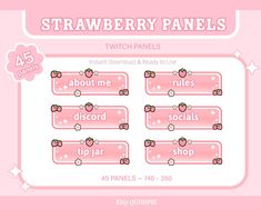 the strawberry panel is shown in pink and has four different names for each item on it