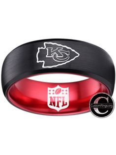 Kansas City Chiefs ring, black and red logo ring 8mm Tungsten Ring, sizes 6 - 13 available. Customize with a special name, date or message on the inside of the band. #kansascity #chiefs #kansascitychiefs #football #nfl #logo #ring Personalized Black Wedding Jewelry, Personalized Black Jewelry For Wedding, Black Personalized Jewelry For Wedding, Customizable Black Wedding Jewelry, Custom Black Jewelry For Anniversary, Customizable Black Rings For Gifts, Customized Black Round Jewelry, Personalized Black Stainless Steel Rings, Kansas City Chiefs Craft