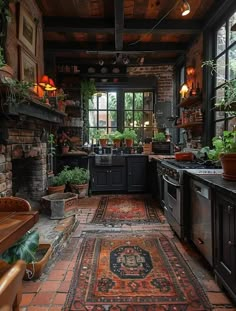 an old fashioned kitchen with lots of plants in the window sill and rug on the floor