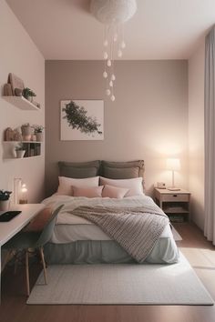 a bedroom with a bed, desk and shelves on the wall in front of it