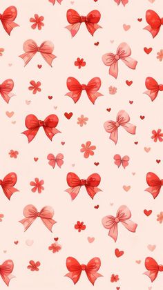 red bows and hearts on a white background with pink wallpaper for valentine's day