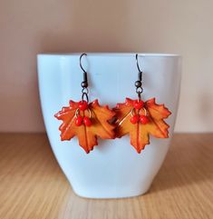 Maple Leaf Earrings, Fall Orange Earrings As Gift, Orange Earrings For Fall Season Gift, Orange Dangle Polymer Clay Jewelry, Orange Polymer Clay Dangle Jewelry, Orange Dangle Jewelry In Polymer Clay, Handmade Dangle Jewelry For Fall, Fall Season Gift Dangle Earrings, Handmade Jewelry For Fall Gift