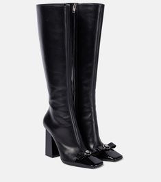 Gianni Ribbon leather knee-high boots in black - Versace | Mytheresa Versace Boots, High Knee Boots, Luxury Boots, Leather Knee High Boots, Fantastic Shoes, Versace Shoes, High Leather Boots, Knee High Leather Boots, Boots Knee