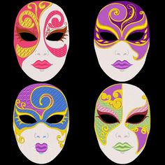 four masks with different colors and designs on them