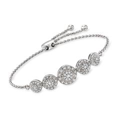 Ross-Simons - .50 ct. t. w. Diamond Cluster Bolo Bracelet in Sterling Silver. Level up your bracelet stack with our understated bolo bracelet. Glittering .50 ct. t. w. round diamonds decorate circles of sterling silver with milgrain details. Centered on a wheat chain. Graduates from 1/4" to 3/8" wide. Adjusts to fit most wrists. Diamond cluster bolo bracelet. Diamond birthstones are the perfect gift for April birthdays. Diamond Anklet, Mixed Metal Bracelets, Pearl Bracelet Gold, Bolo Bracelet, Bracelet Diamond, Diamond Birthstone, Fine Jewelery, Mixed Metal Jewelry, Gold Pearl Earrings