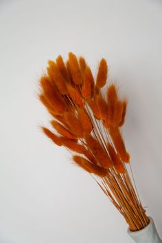 some orange feathers are in a vase on a white table top and is ready to be used as a centerpiece