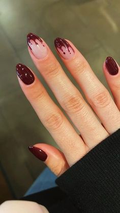 In this article, we have gathered 30 nail design ideas in dark red and cherry wine colours, including almond nails, square nails, oval nails, stiletto nails, french nails and short nails. Blood Nails, Halloween Nail Ideas, Wine Nails, Cute Halloween Nails, October Nails, Nail Designs Valentines, Valentine Nails, Halloween Nail Designs