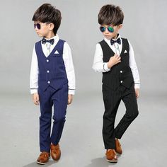 Boys Formal Suits Kids Wedding Party Sets Gentleman Vest Pants Waistcoat Costume 1.Material: Cotton 2.Suitable Season:  Spring Autumn Attention plz: If your kid is chubby, we recomend choosing a larger size, thanks. Please kindly refer to your kids actual height and the size chart before buying/bidding. Thanks. Package included: 3Pcs Vest+Blouse+Pants Size Recommended Height(cm) Tag size Top Length (cm) Bust (cm) Pants Length (cm) 2T 80-90cm 90 35 58 61 3T 90-100cm 100 38 61 64 4T 100-110cm 110 Pinstripe Waistcoat, Waistcoat Suit, School Cardigan, Boys Formal, School Sweater, Kids Wedding, Vest Blouse, Cardigan Sweater Coat, Sweater Blazer