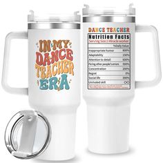 a white tumbler with the words dance teacher on it next to a stainless steel lid