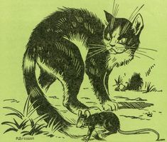 an old black and white drawing of a cat with a mouse in it's mouth