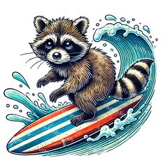 a raccoon on a surfboard in the ocean with waves and splashes