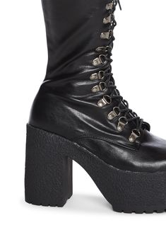 the streets are calling. These boots come in a vegan leather construction, with a platform heel, lace up front details, and an inner zip closure. Platform Calf Boots, Heeled Lace Up Boots, Streetstyle Fashion, Free Socks, Boots Sneakers, Ski Mask, Platform Heel, Chunky Platform, Calf Boots