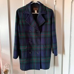 "Gorgeous vintage tartan plaid wool peacoat by Pendleton. Combination of dark green, dark blue and red colors. 100% Virgin Wool, lined, two side pockets. Nice, warm and lightweight. Size tag US Small, boxy fit, shoulderpads. Measures: Shoulder - 17\" Pit to pit - 21\" Length - 32\" Sleeve - 23\" Great preowned condition with light wear. No holes or tears in wool shell." Plaid Wool Outerwear For Cold Weather, Plaid Wool Coat With Long Sleeves, Classic Plaid Wool Coat, Classic Plaid Wool Coat With Long Sleeves, Classic Plaid Wool Coat For Fall, Retro Wool Plaid Outerwear, Vintage Peacoat For Fall Workwear, Vintage Button Closure Peacoat For Fall, Retro Long Sleeve Pea Coat For Fall