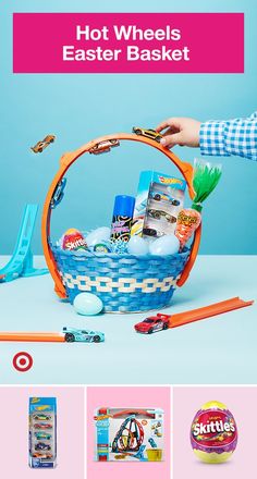 an easter basket is shown with toys and eggs in it, along with the words hot wheels easter basket