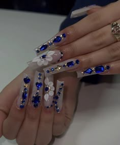 Xv Nails, Blue Diamond Nails, Prom 2k24, Royal Blue Quince, Blue Prom Nails, Quince Nails, Blue And Silver Nails, Quinceanera Nails, Blue And White Nails