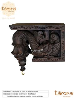 an ornate wooden wall shelf with two fish on the front and one bird on the back