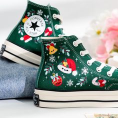 Welcome to LunnNest, a hand embroidered items shop. These are the most meticulously embroidered shoes that I give to you. I embroider them carefully and thoroughly with skillful hands. Converse type: Converse High Tops Chuck Taylor 1970s Converse color:  7. 1970s_Green Price includes: Shoes + Embroidery as Pictured I can buy it for you at a store near your home or you can send me the canvas shoes you have available. Your embroidered Converse, Vans shoes are ready to ship in 8-16 days. I need thi Embroidery Converse High Tops, Converse High Tops Embroidered, Converse Types, Snowflakes Embroidery, White Embroidered Converse Sneakers, White High-top Sneakers With Floral Embroidery, Embroydered Chuck Converse, Embroidery Sneakers, Shoes Embroidery