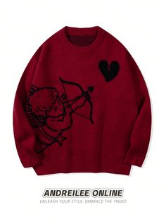 ANDREILEE Men's Cute & Simple Fashion Angel Shooting Heart Jacquard Pattern Black Long Sleeve Sweater, Crew Neck, Streetwear, Loose, Versatile Knitted Top For Fall/Winter Red Casual  Long Sleeve Knitwear Animal,Cartoon,Colorblock,Geometric,Halloween Pullovers Medium Stretch  Men Clothing, size features are:Bust: ,Length: ,Sleeve Length: Cool Knitted Sweater, Fall Colors Fashion, Wine Red Sweater, Sweater Designs, Sweater Streetwear, Black Long Sleeve Sweater, Outwear Coat, Jacquard Sweater, Graphic Sweaters