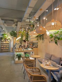 an indoor cafe with plants hanging from the ceiling and wicker chairs on the tables