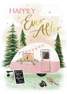 a pink camper parked in the grass next to trees and a sign that says happily ever