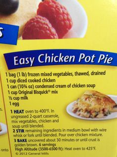 a close up of a box of chicken pot pies with instructions on the side