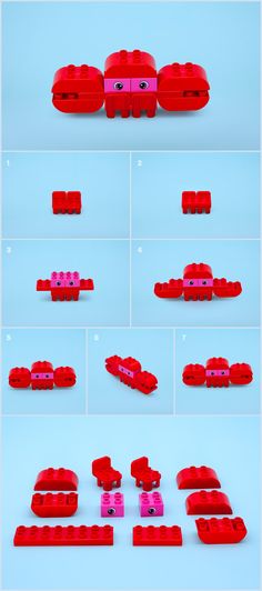 the instructions for how to build a lego crab in red and pink blocks, with text overlay