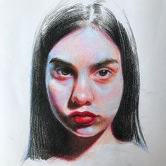 a pencil drawing of a woman's face with blood on her cheek and eyes