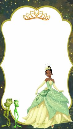 the princess and the frog is in front of an ornate frame with space for text