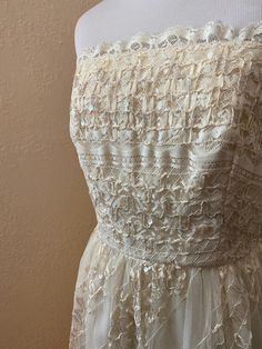 Beautiful vintage delicate strapless evening dress by designer Harry Action for After Five Tule, lace, ribbon and sequin detail Size S (3/4 - 28' Waist) Great condition! Sleeveless Lace Patchwork For Party, Cream Party Dress With Delicate Lace, Lace Dress For Evening Or Prom Season, Cream Lace Dress For Party With Delicate Detailing, Lace Dress For Prom Season Evening, Cream Delicate Lace Dress For Party, Elegant Strapless Dresses For Vintage Events, Cream Lace Dress With Lace Bodice For Party, Vintage Lace Dress For Summer Evening