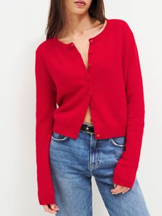 You're a softie. Shop the Clara Cashmere Crew Cardigan from Reformation, a long sleeve, crewneck cardigan. It has a relaxed fit and functional button front. Classic Cardigan, Mode Casual, Cashmere Blend Sweater, Red Cardigan, Cardigan Outfits, Cashmere Cardigan, Cashmere Wool, Wool Cardigan, Work Outfit