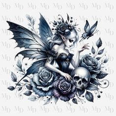 a woman with flowers and a butterfly on her shoulder, sitting next to a skull