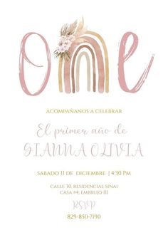 a pink and gold birthday party card with the word o e in spanish on it