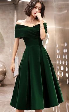 Green Velvet Off Shoulder Vintage Style Bridesmaid Dress, Tea Length P – BeautyDressy Bridesmaid Dress Tea Length, Vintage Style Bridesmaid Dresses, Party Dress Green, Off Shoulder Party Dress, Green Bridesmaid Dress, Tea Length Bridesmaid Dresses, Dress Tea Length, A Line Cocktail Dress, Retro Pin Up