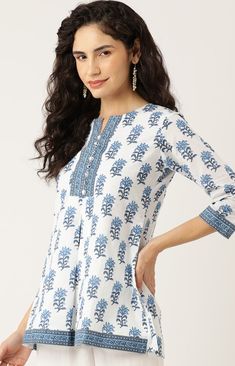 Buy Hand Block Printed Cotton Top Jaipuri Print Women's Kurti White Indian Cotton Kurta Blouse Blockprint Short Kurti Handmade Women's Blouse Online in India - Etsy Kurti White, Panelling Design, Kurti Blouse, Short Kurti Designs, Jaipuri Print, Pakistan Clothes, Very Simple Mehndi Designs, New Saree Blouse Designs, Short Kurti