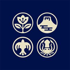 four different logos with plants and animals in the center on a dark blue background illustration