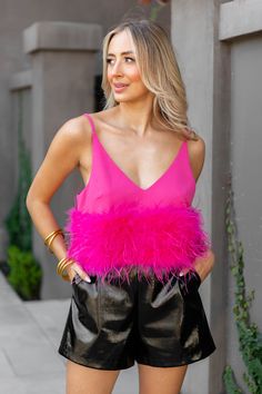 BuddyLove Reno Feather Tank Top - Fuchsia Chic Sleeveless Feathered Top, Spring Sleeveless Tops With Feather Trim, Sleeveless Feather Trim Tops For Spring, Sleeveless Tops With Feather Trim For Spring, Glamorous V-neck Crop Top For Spring, Glamorous V-neck Crop Top For Summer, Glamorous V-neck Summer Crop Top, Chic Pink Crop Top For Night Out, Chic Summer Top With Feather Trim