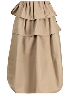 light brown cotton blend ruffled detailing elasticated waistband flared hem mid-calf length Daywear Midi Skirt With Ruffles, Midi Skirt With Ruffles For Daywear, Chic Beige Skirt With Ruffle Hem, Long Ruffled Skirt For Workwear, Chic Midi-length Bottoms With Ruffles, Long Ruffled Skirt For Work, Beige Ruffled Relaxed Bottoms, Beige Ruffled Midi Skirt, Voluminous Ruffled Midi Skirt