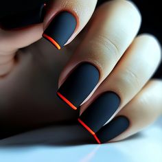 A bold and eye-catching manicure featuring black nails with a pop of orange. The nails are shaped into a square and finished with a matte top coat. Colorful Square Nail Designs, Edgy Christmas Nails, Nail Polish Ideas, Black Ombre Nails, Black Gel Nails, Nails Orange, Orange Nail Designs, Stylish Tips, Orange Nail