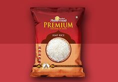 a bag of rice on a red background with the word premium written in white letters