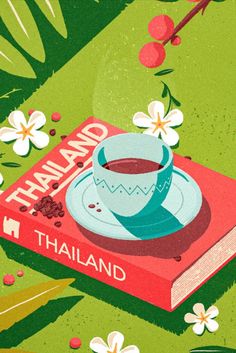 an illustration of a book with a cup of coffee sitting on top of it, surrounded by flowers and leaves