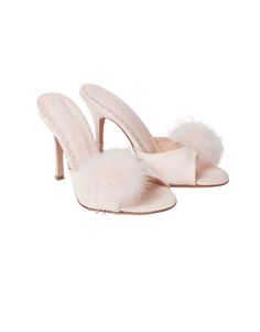 Sashay and stride in style with Enrica. A chic, boudoir mule complete with fluffy pom-poms. Pink satin mules Meticulously hand-crafted in Italy Attention-to-detail leather scallop insole detailing Marabou feather pom poms sit at top revealing peep toe Fluffy Heels, Bridal Nightwear, Ivory Shoes, Boux Avenue, Satin Heels, Sheep Leather, Carrie Bradshaw, Goat Leather, Agent Provocateur