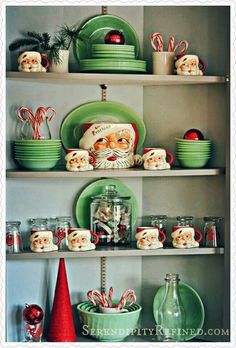 shelves filled with christmas dishes and candy canes