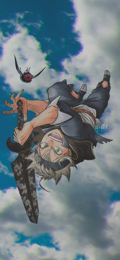 an anime character is flying through the air with his arms out and two birds in the background