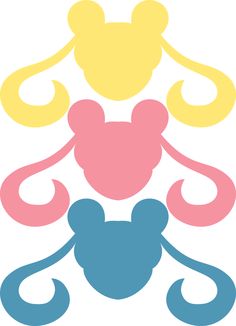 the mickey mouse silhouette is shown on a black background with pink, yellow and blue swirls