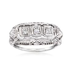 Ross-Simons - C. 1950 Vintage .12ct t. w. Diamond Three-Stone Filigree Ring Size 6.25. C. 1950. Take a timeless approach at style with this gorgeous Estate collection ring from the Retro era. Featured are three shimmery round brilliant-cut diamonds, totaling .12 ct. t. w., nestled among an intricate filigree backdrop of 18kt white gold. 3/8" wide. Diamond three-stone filigree ring. Exclusive, one-of-a-kind Estate Jewelry. Diamond birthstones are the perfect gift for April birthdays. Vintage White Three Stone Diamond Ring, Vintage White Three Stone Ring, Estate Silver Ring With Diamond Accents, Estate Silver Diamond Ring For Anniversary, Silver Estate Diamond Ring For Anniversary, Silver Estate Ring With Diamond Accents, Estate Style Silver Diamond Ring For Anniversary, Estate Silver Rings With Center Stone, Vintage White Three-stone Ring